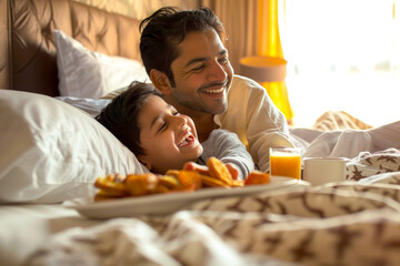 An Indian boy organizing a special Father's Day breakfast in bed for his dad, showcasing his gratitude and admiration in a touching gesture
