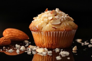 Delicious almond muffin with coconut flakes on a reflective black surface showcasing bakery freshness and culinary delight in a studio shot