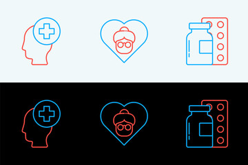 Set line Pills in blister pack, Male head with hospital and Grandmother icon. Vector