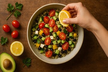 Hand Squeezing Lemon over Vibrant Vegetable Quinoa Bowl, generative ai