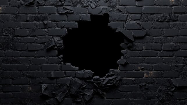 Dramatic black brick wall with a gaping hole creating a stark contrast and mysterious depth in a dark environment