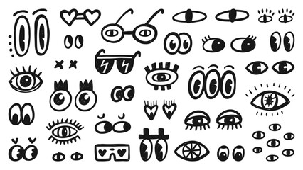 Cute doodle cartoon characters, mascot eyes collection. Hand-drawn vector set. Cartoon faces elements
