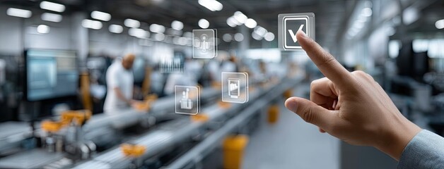 Hand interacts with a checkmark icon on a virtual screen, showcasing digital technology in a factory with robotic arms present