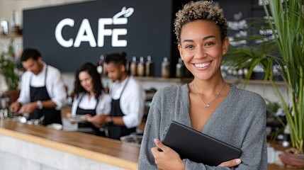 Smiling African American woman stands with an iPad in a modern coffee shop, showcasing vibrant design and active staff behind her