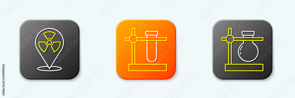 Poster set line radioactive in location, test tube flask stand and icon. vector