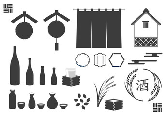 日本酒・酒蔵イメージのイラストアイコン Japanese sake白黒