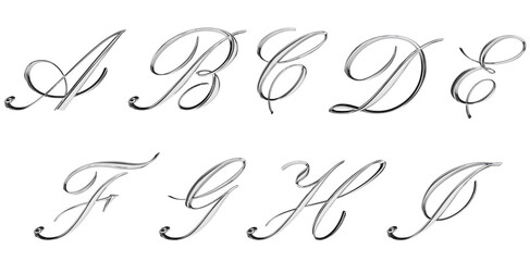 set of chrome silver metal handwriting letters 3d render