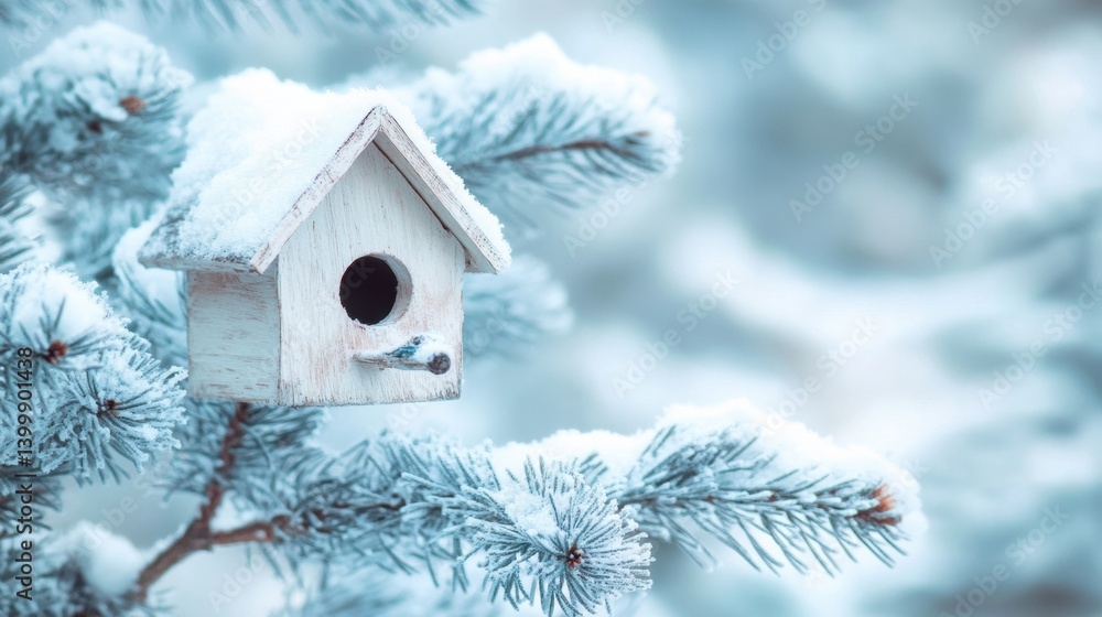 Poster Snow-covered birdhouse nestled in soft pine branches creating a pastel winter fairytale atmosphere