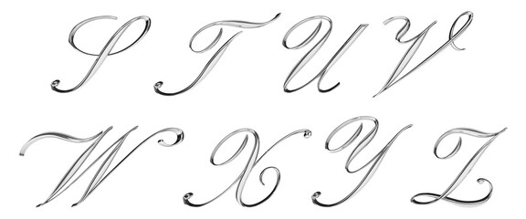 set of chrome silver metal handwriting letters 3d render