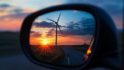 Sunset reflected in a car mirror, wind turbine in the background
