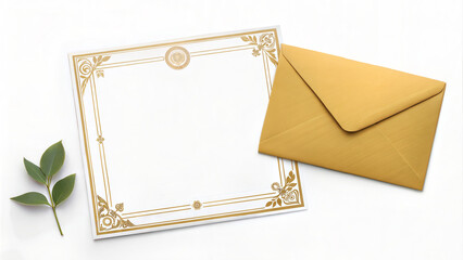 Blank memorial certificate with gold design and envelope, formal template for funeral documents, remembrance certificates, obituary handouts and tribute ceremonies

