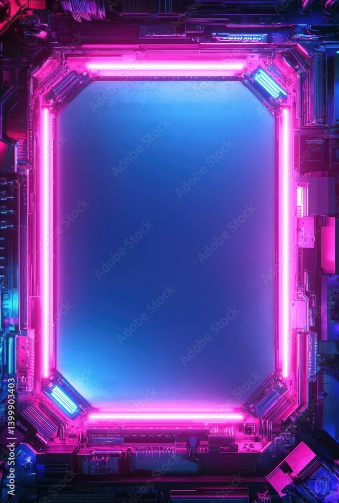 Poster neon frame with tech details futuristic glowing background for digital display