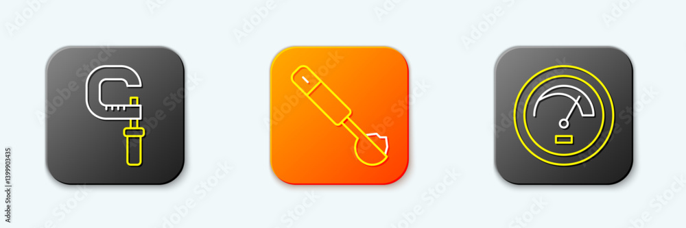 Poster set line micrometer, measuring spoon and speedometer icon. vector