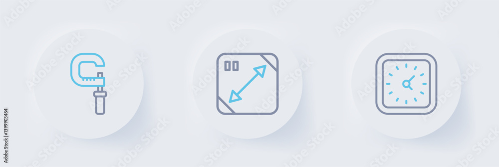 Poster set line clock, diagonal measuring and micrometer icon. vector
