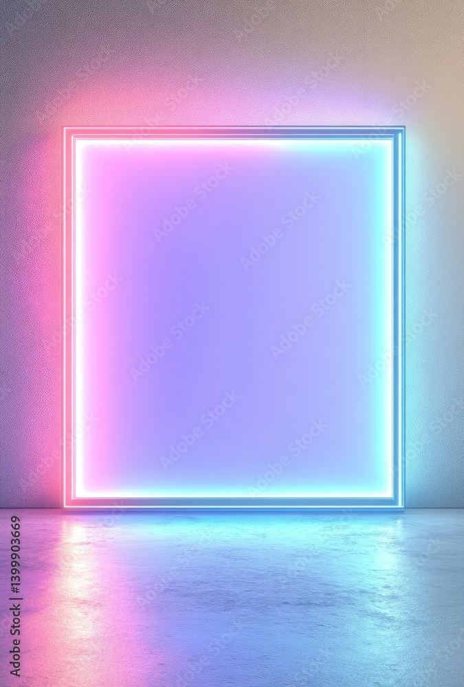 Poster illuminated neon square frame against wall creating modern artistic display