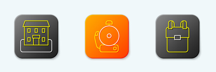Fototapeta premium Set line School building, Ringing alarm bell and backpack icon. Vector