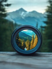 Creative camera lens reflecting a stunning pine forest and majestic peaks during golden hour in breathtaking nature photography