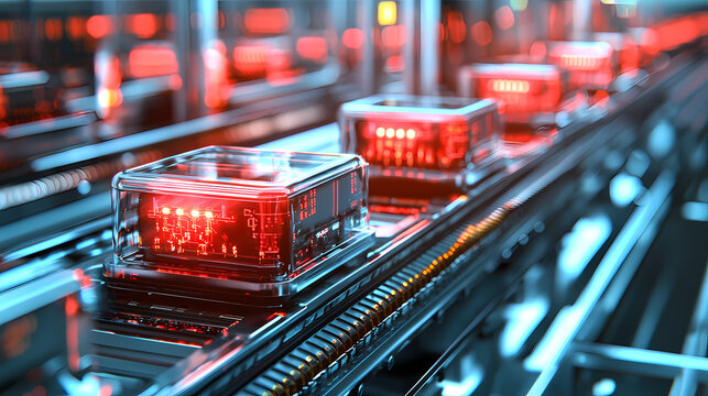 A futuristic scene featuring glowing red technology components on a conveyor belt, showcasing advanced automation and digital innovation.