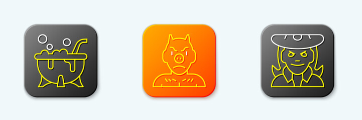 Set line Halloween witch cauldron, Krampus, heck and Witch icon. Vector