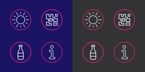 Set line Information, Bottle, QR code and Sun icon. Vector