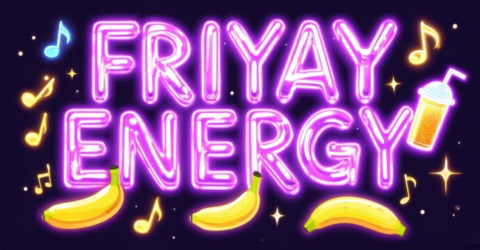 Bright neon sign displays FriYay Energy. Bananas, musical notes, smoothie add playful vibe. Purple background enhances glowing text, creating cheerful mood.