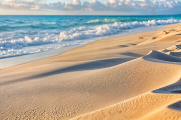 seascape abstract beach background blur bokeh light of calm sea and sky focus on sand foreground concept paisaje marino abstracto playa fondo desenfoque bokeh luz de mar en calma sahil kumsal