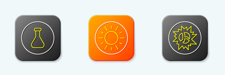 Set line Test tube and flask, Sun and Bomb explosion icon. Vector