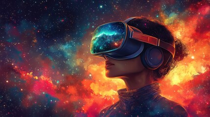 VR User In Space. Experience Metaverse With Virtual Reality Headset And Headphones.