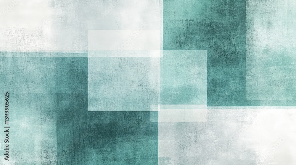 Poster a modern abstract artwork featuring soft teal and white geometric shapes in varying transparencies c