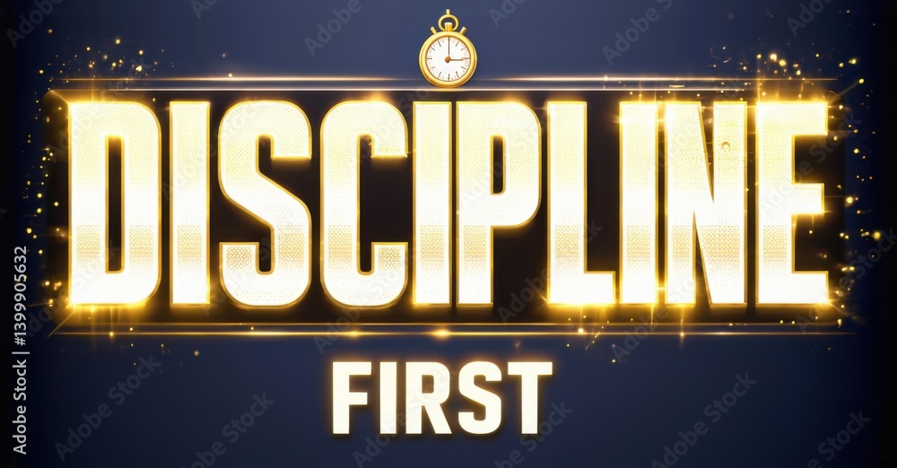 Poster golden text spells discipline above first. clock icon present. dark blue background with sparkling e