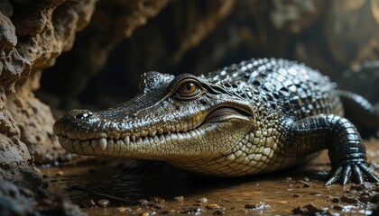 Fototapeta premium Spectacled Caiman Emerging from Cave, Close-Up Portrait