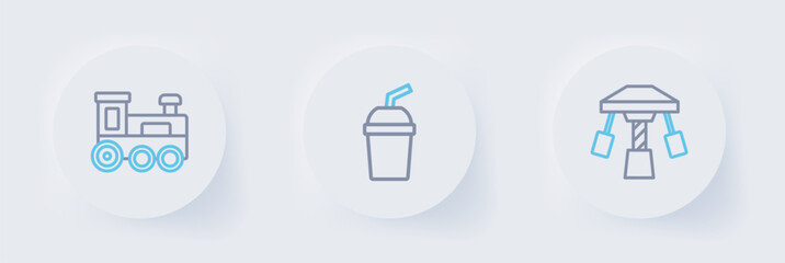 Set line Attraction carousel, Paper glass with water and Toy train icon. Vector