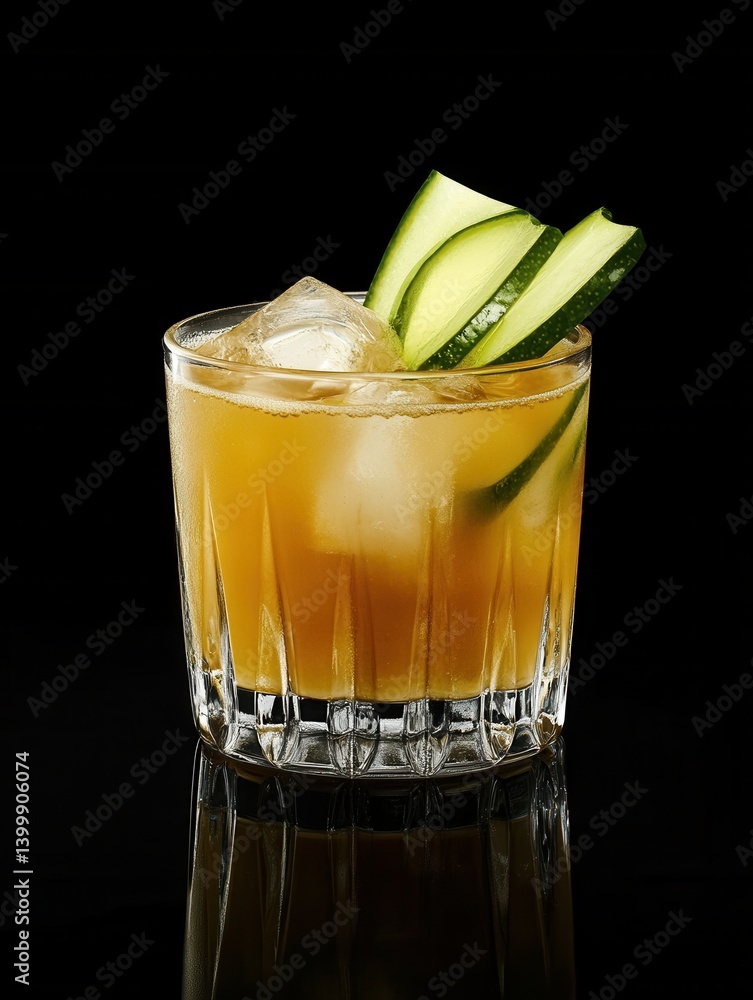 Poster refreshing cocktail with ice cubes and cucumber slices against a black background in a studio shot w