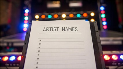 Music Festival Lineup concept Blank artist name list in front of colorful stage lights, ready for performances.