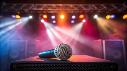 Music Festival Lineup concept A microphone on stage with colorful lights creating a vibrant atmosphere.