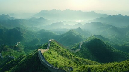 Fototapeta premium Majestic Great Wall Winds Through Lush Green Hills, A Testament To History And Nature'S Harmony.