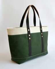 Stylish green and cream canvas tote bag with leather straps, ideal for shopping or daily use