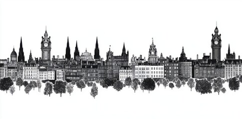 Fototapeta premium Edinburgh Scotland skyline, black and white, highly detailed digital illustration, urban modern style, featuring iconic landmarks and architecture, artistic print poster
