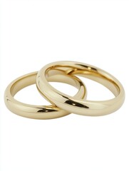 Two intertwined golden rings symbolizing commitment love and unity on a clean white background in a bright studio shot