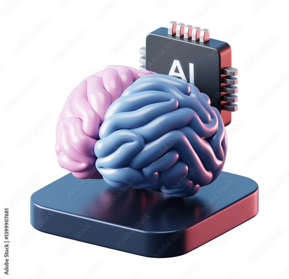 Poster 3d ai brain with artificial intelligence technology on transparent png and neural digital data machi