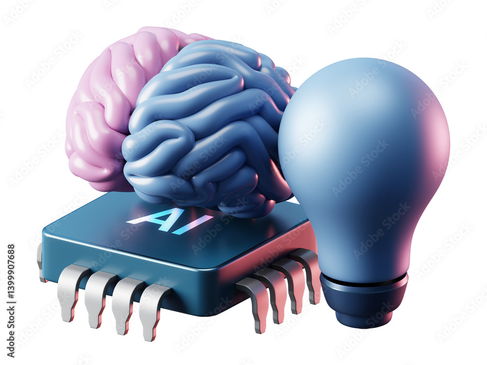 Poster 3d ai brain with artificial intelligence technology on transparent png and neural digital data machi
