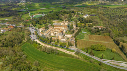 Aerial view of Casamari Abbey located near Frosinone, Lazio, Italy. It is a Cistercian abbey,...
