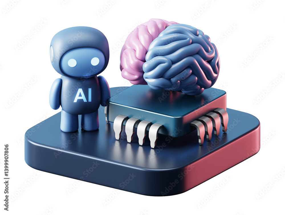 Poster 3d ai brain with artificial intelligence technology on transparent png and neural digital data machi