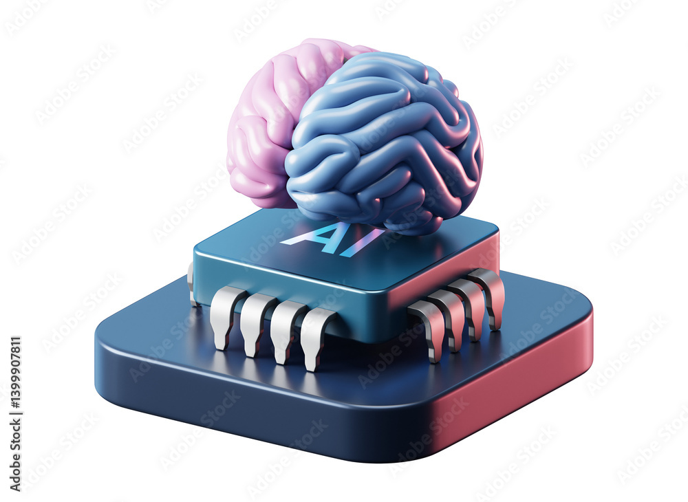 Poster 3d ai brain with artificial intelligence technology on transparent png and neural digital data machi