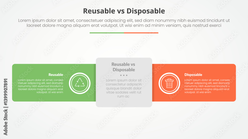 Aufkleber reusable vs disposable comparison opposite infographic concept for slide presentation with round rec
