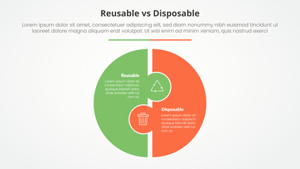 reusable vs disposable comparison opposite infographic concept for slide presentation with big circle puzzle shape with flat style