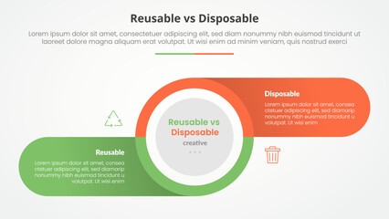 reusable vs disposable comparison opposite infographic concept for slide presentation with big circle and round rectangle information on shadow with flat style