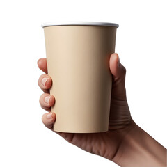 Obraz premium Hand Holding Plain Beige Paper Cup – Minimalist Close-Up on Transparent Background for Studio Use