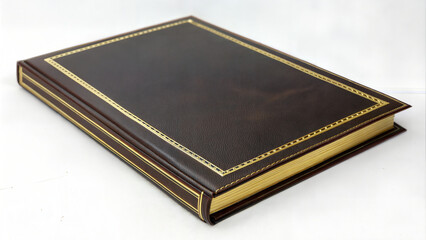 Dark brown leather-bound memorial book with golden accents, solemn keepsake image for end-of-life planning visuals, tribute printing services and family remembrance albums


