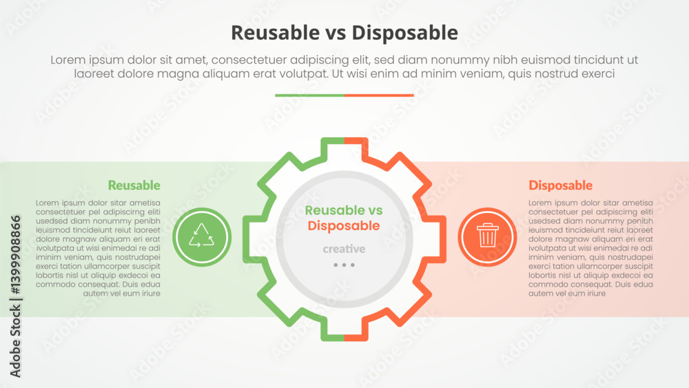 Aufkleber reusable vs disposable comparison opposite infographic concept for slide presentation with gear on c
